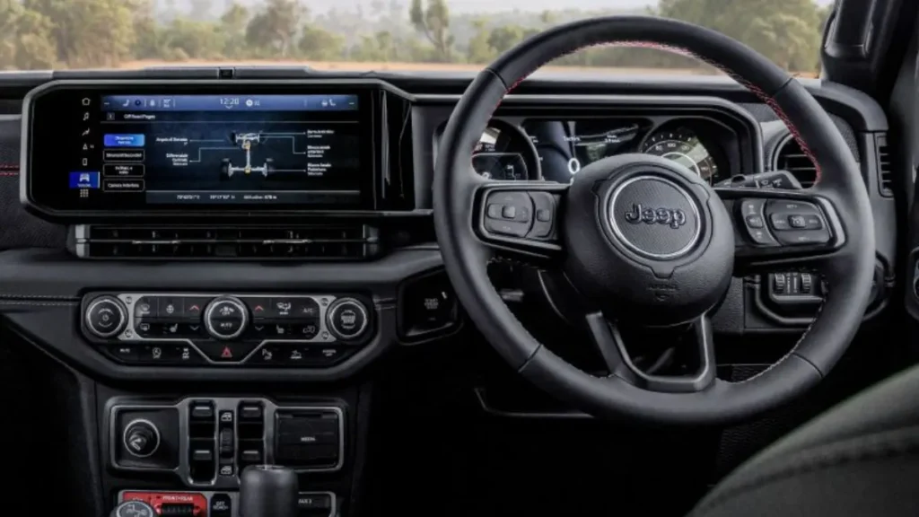 Jeep Wrangler luxury interior features including leather seats and touchscreen display