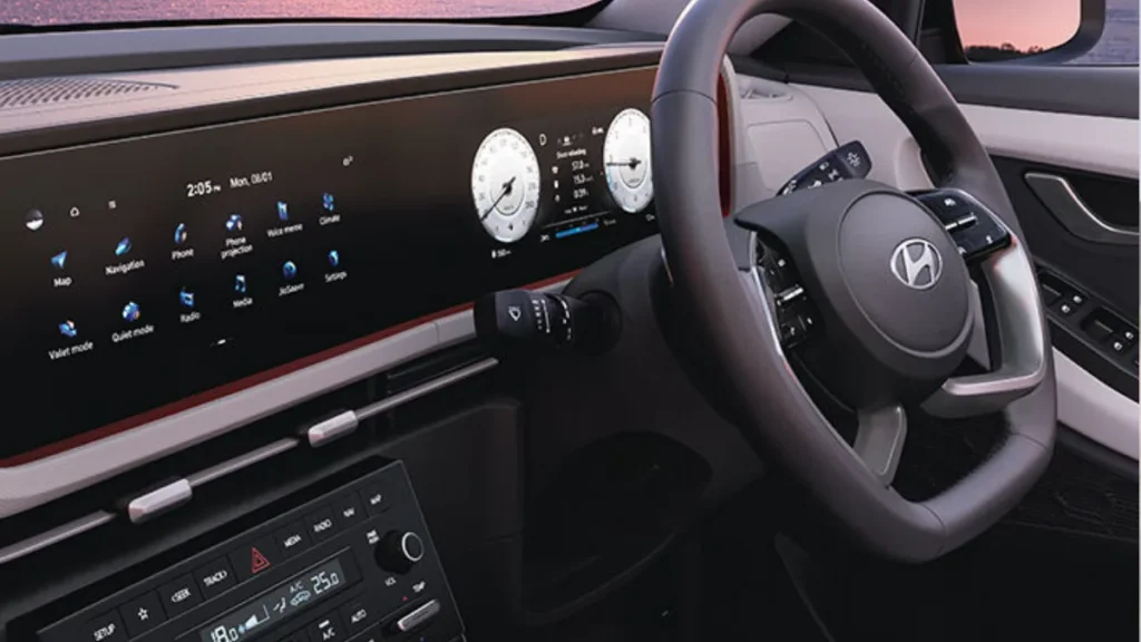 Hyundai Creta 2025 driving on a highway at sunset, showcasing its bold front grille, LED headlights, and sleek black exterior design.