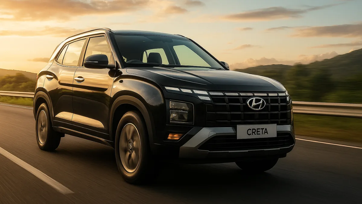 Hyundai Creta 2025 driving on a highway during sunset, showcasing its bold front grille, sleek design, and dynamic road presence.