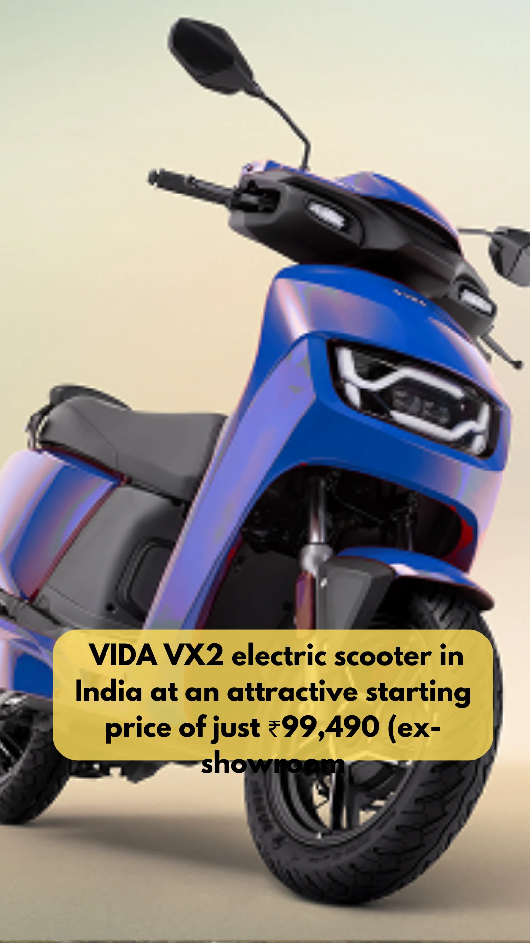 Side view of the newly launched VIDA VX2 electric scooter in India, displayed in a vibrant showroom setting.