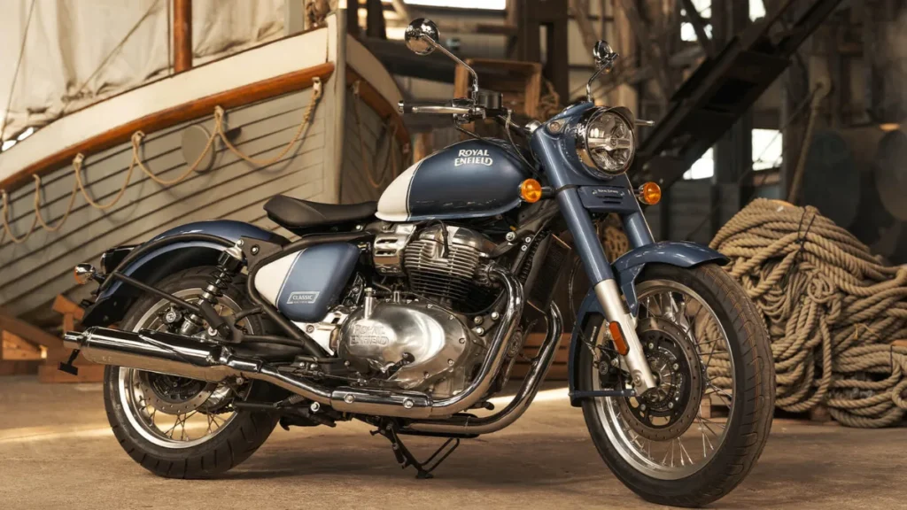 Front view of Royal Enfield Classic 650 with LED headlamp and tiger-eye DRLs