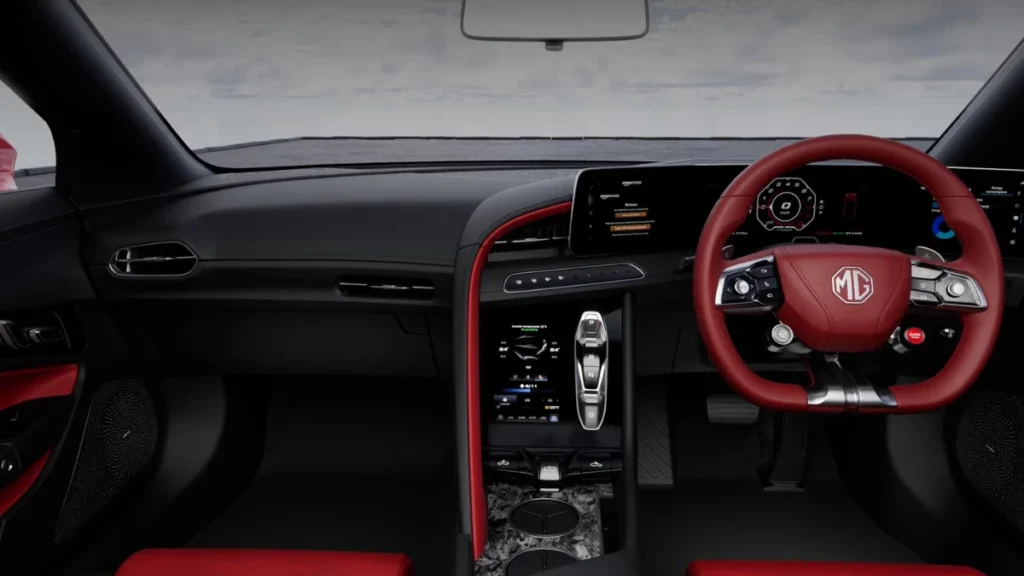 MG Cyberster EV interior – premium cabin with digital display, leather seats, and sporty steering wheel.