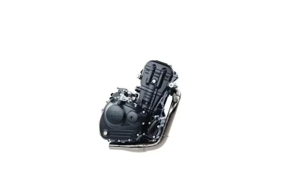 Royal Enfield Himalayan 450 engine close-up showing powerful 452cc liquid-cooled single-cylinder motor with modern design.