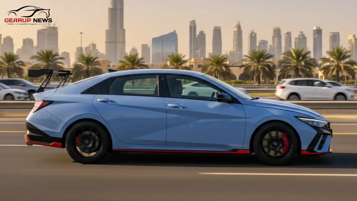 Front view of the 2026 Hyundai Elantra N in Performance Blue, showcasing its aggressive grille and sleek lines.