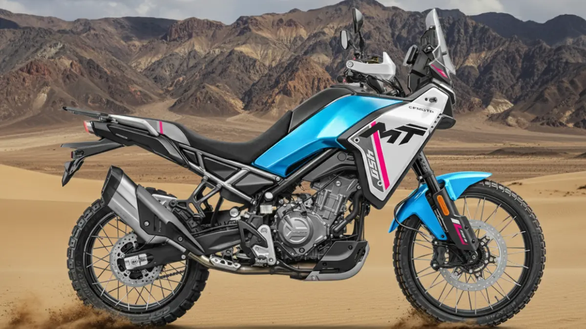 Blue and white adventure motorcycle in desert