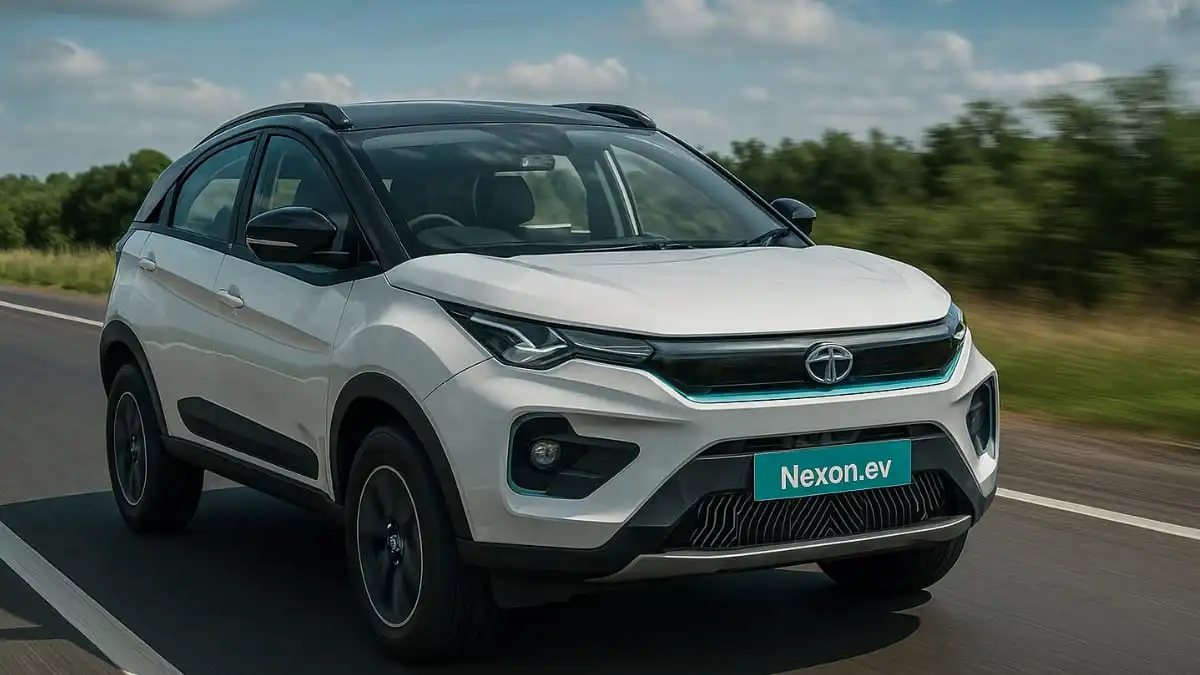 Tata Nexon EV 2025 – stylish blue electric SUV with modern design, LED headlamps, and sporty stance, parked on the road showcasing eco-friendly performance and long driving range.