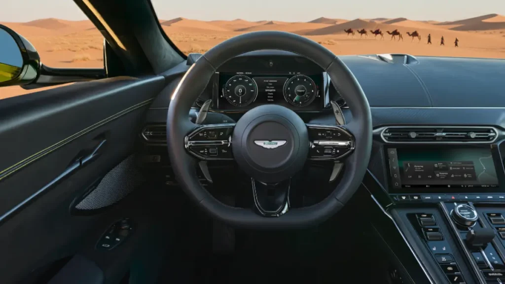 Luxury 2-seater Aston Martin Vantage with 21-inch alloy wheels and aerodynamic design.