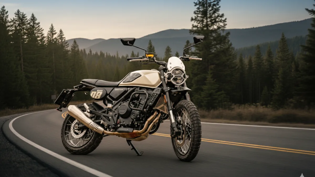 Side view of Brixton Crossfire 500 XC in Desert Gold Matt color riding on open road