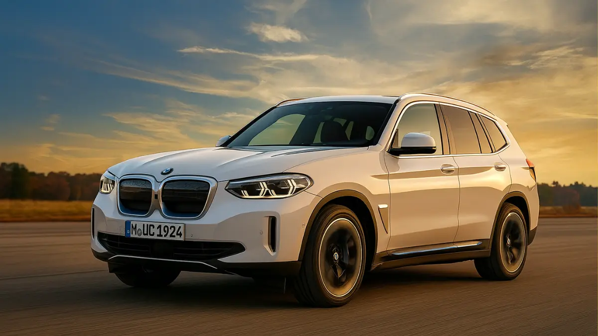 BMW iX3 2025 electric SUV in sleek metallic blue, modern design, parked on highway