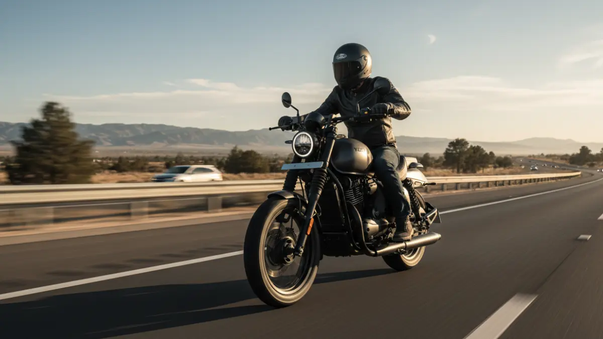 2025 Yezdi Roadster parked on a scenic highway with stylish retro design
