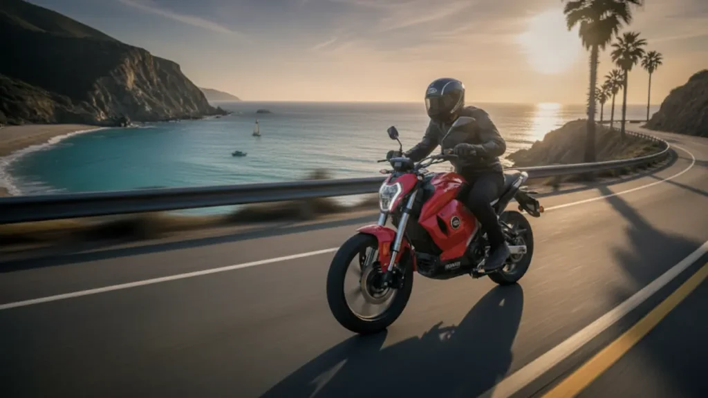 Revolt RV400 electric bike running on city highway in daylight, modern design visible