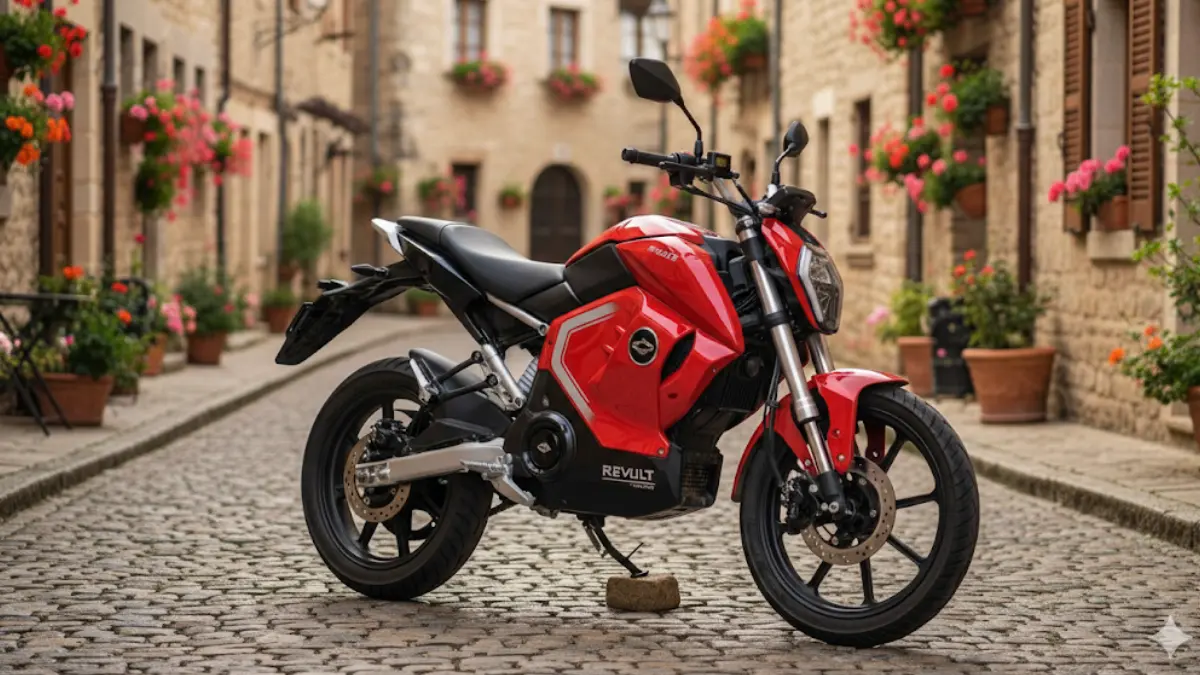 Side view of Revolt RV400 showing stylish alloy wheels and aerodynamic design